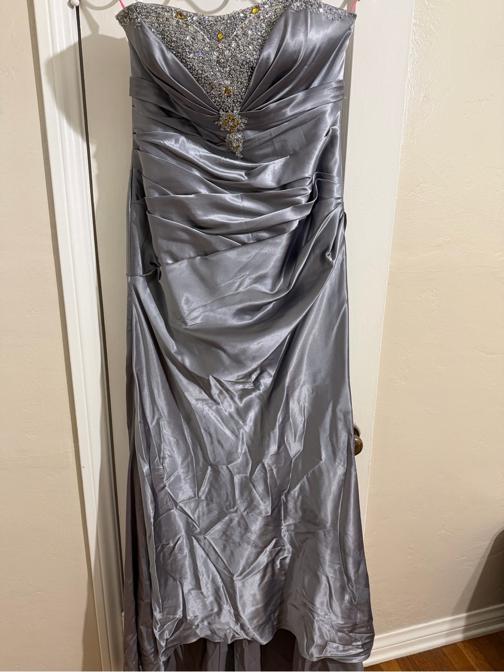 Maggie Sottero Silver Strapless Satin Evening Gown with Beaded Sweetheart Bodice